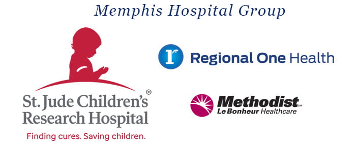 Memphis Hospital Group Logos - St. Jude Children's Research Hospital Finding Cures. Saving Children logo, Regional One Health Logo, Methodist Le Bonheur Healthcare Logo